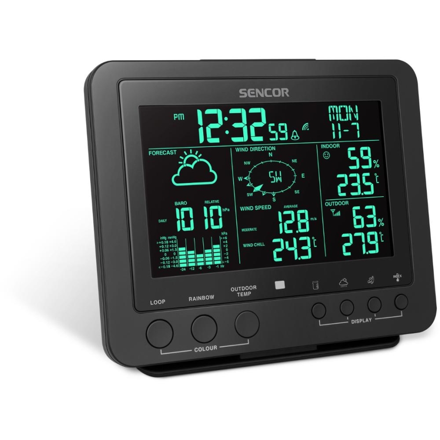 Sencor - Profesionální meteostanice s barevným LCD displejem 5V/1xCR2032 + 3xAA