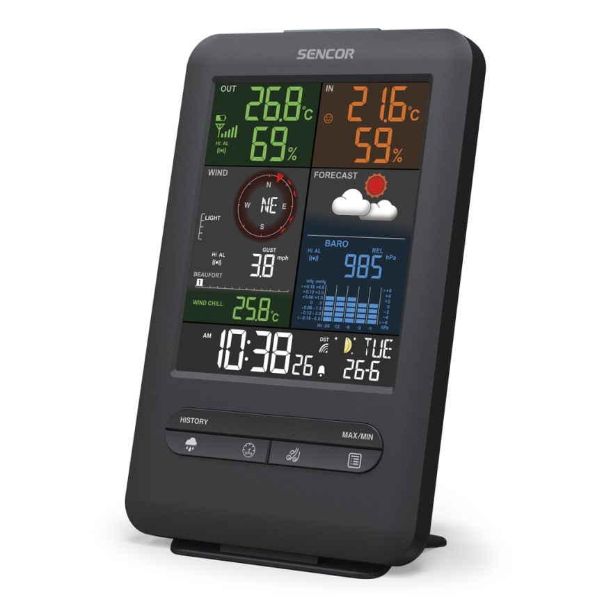 Sencor - Profesionální meteostanice s LCD displejem a budíkem 1xCR2032 + 3xAA