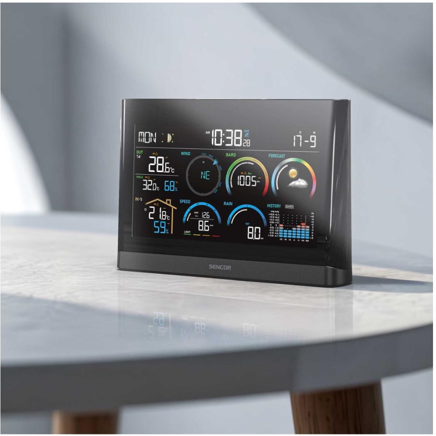 Sencor - Profesionální meteostanice s barevným LCD displejem a budíkem 5V/3xAAA + 3xAA