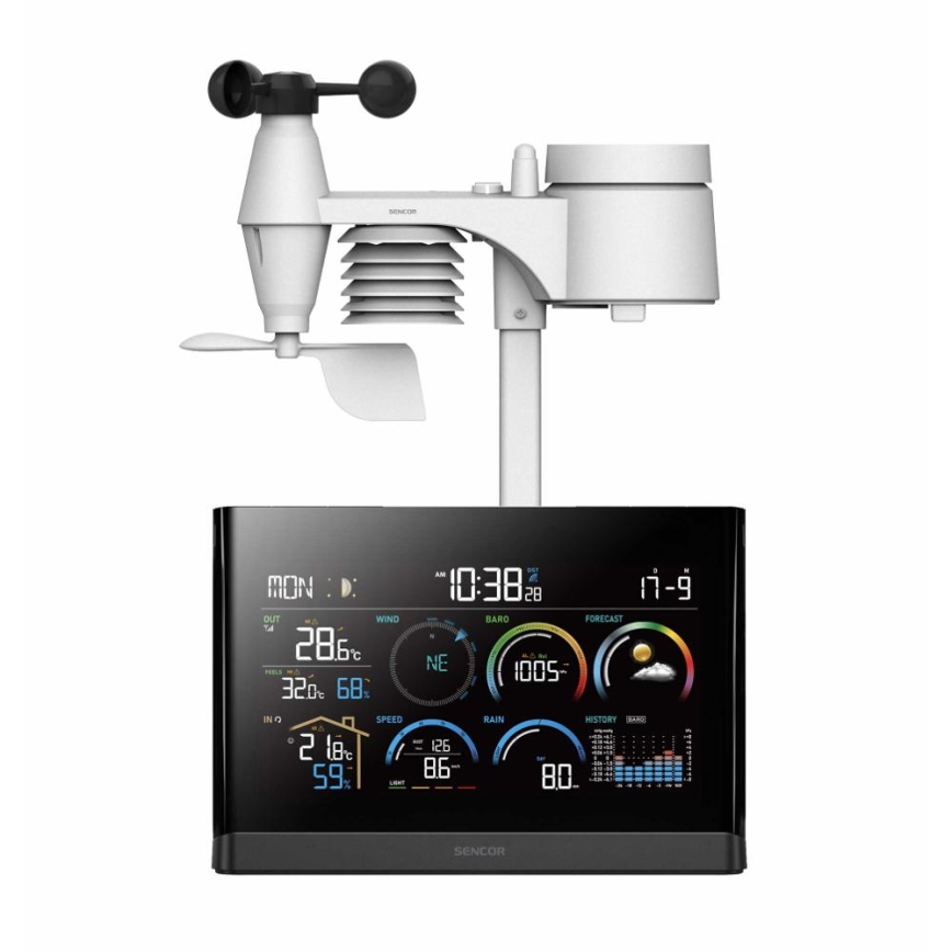 Sencor - Profesionální meteostanice s barevným LCD displejem a budíkem 5V/3xAAA + 3xAA