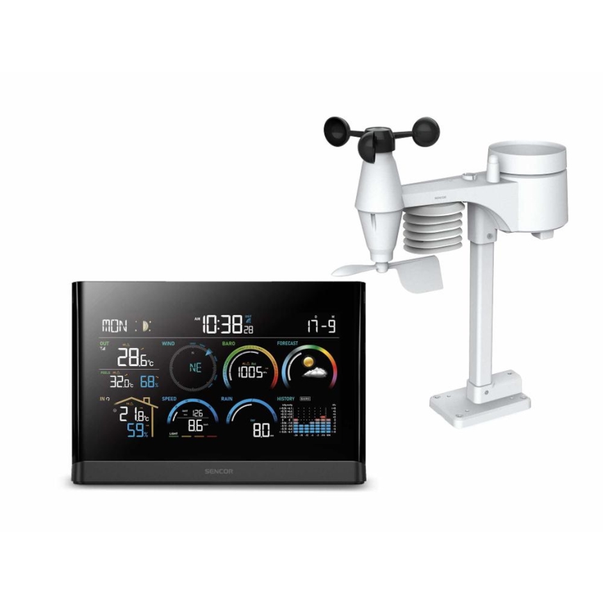 Sencor - Profesionální meteostanice s barevným LCD displejem a budíkem 5V/3xAAA + 3xAA