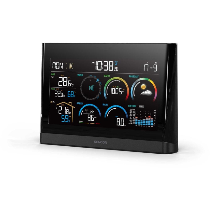 Sencor - Profesionální meteostanice s barevným LCD displejem a budíkem 5V/3xAAA + 3xAA