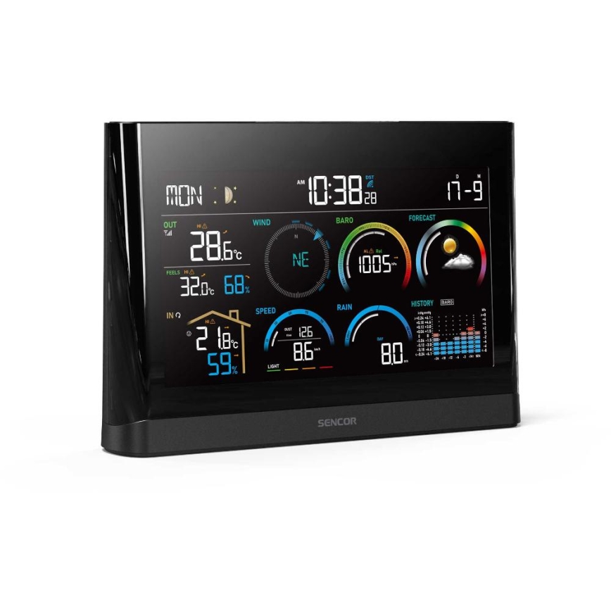 Sencor - Profesionální meteostanice s barevným LCD displejem a budíkem 5V/3xAAA + 3xAA