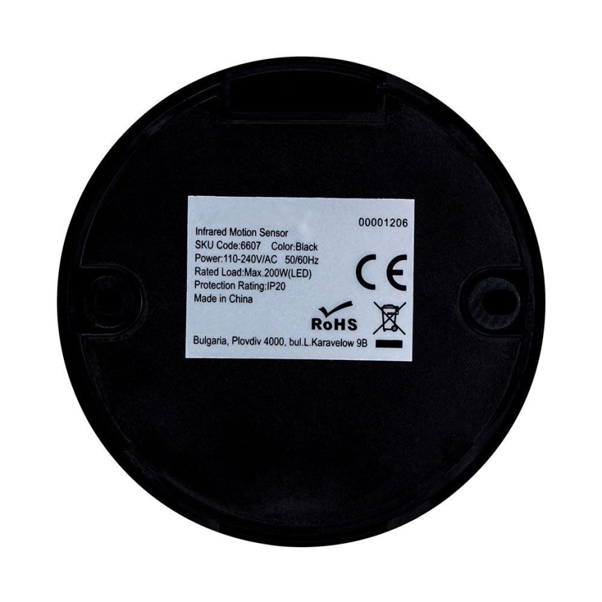 Senzor pohybu infračervený 360° 200W/230V černá