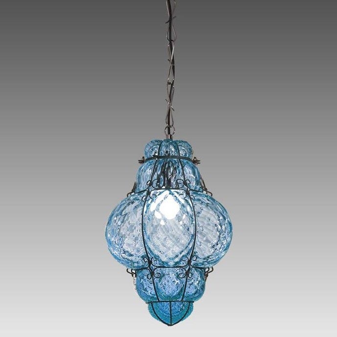 SIRU - Lustr na řetězu CLASSIC 1xE27/60W/230V pr. 30 cm modrá/černá benátské sklo