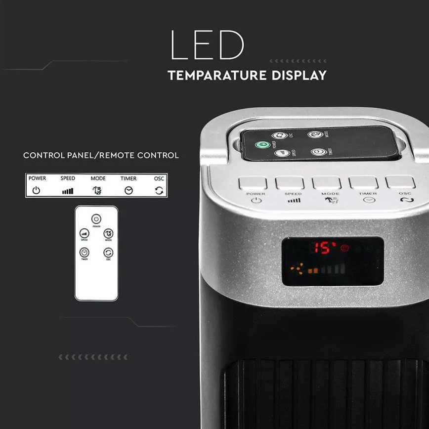 Sloupový ventilátor s ukazatelem teploty s dálkovým ovládáním 55W/230V