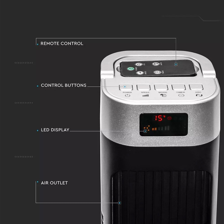 Sloupový ventilátor s ukazatelem teploty s dálkovým ovládáním 55W/230V