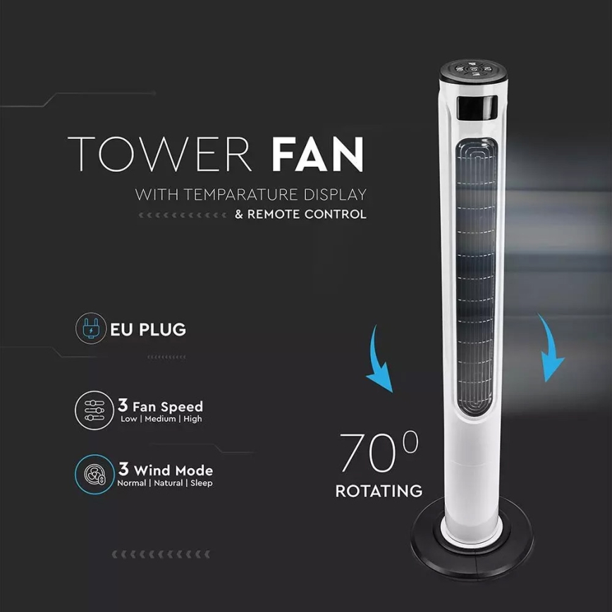 Sloupový ventilátor s ukazatelem teploty s dálkovým ovládáním 55W/230V