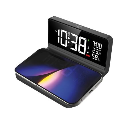 LED Budík s LCD displejem a bezdrátovým nabíjením Qi LED/10W/230V