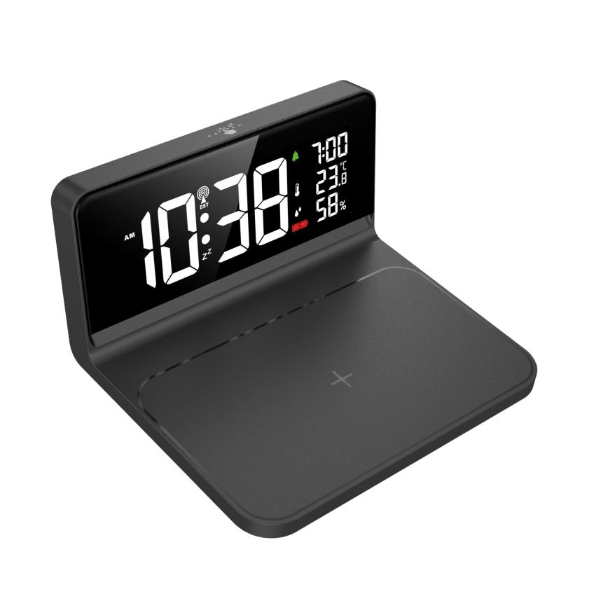 LED Budík s LCD displejem a bezdrátovým nabíjením Qi LED/10W/230V