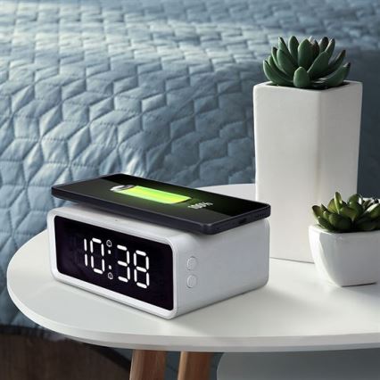 Digitální hodiny s Qi bezdrátovou nabíječkou 230V/CR2032 bílá