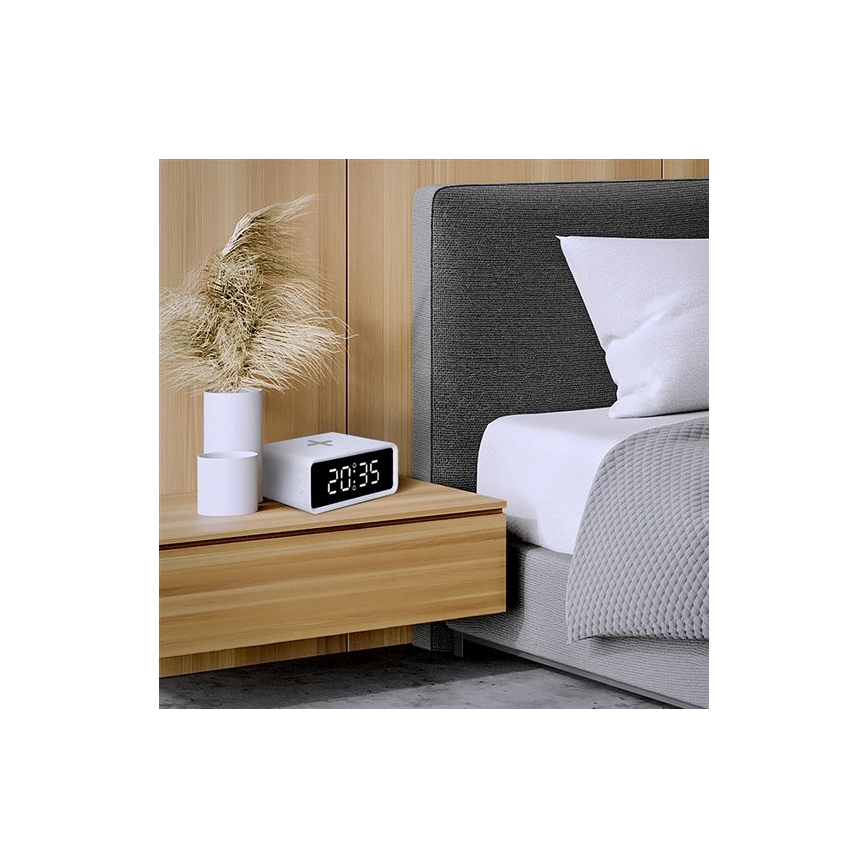 Digitální hodiny s Qi bezdrátovou nabíječkou 230V/CR2032 bílá