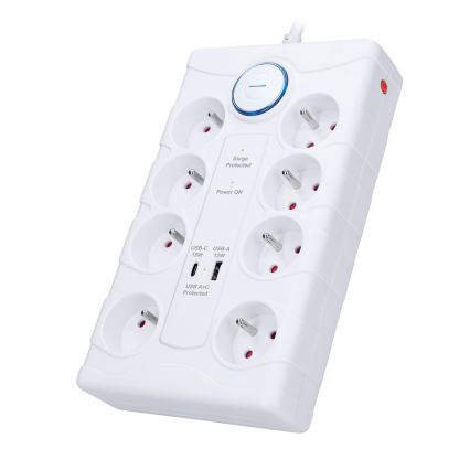 Prodlužovací kabel s vypínačem a přepěťovou ochranou 8Z Typ E + 1xUSB-A + 1xUSB-C 2m bílá