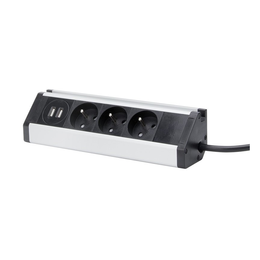 Prodlužovací kabel 3Z + 2xUSB 1,5 m hliník/černá