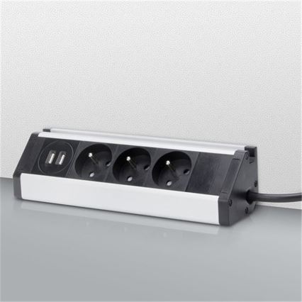 Prodlužovací kabel 3Z + 2xUSB 1,5 m hliník/černá