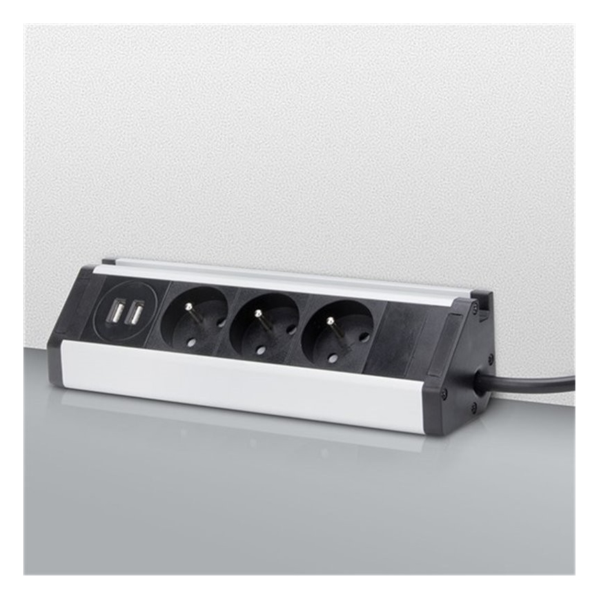 Prodlužovací kabel 3Z + 2xUSB 1,5 m hliník/černá
