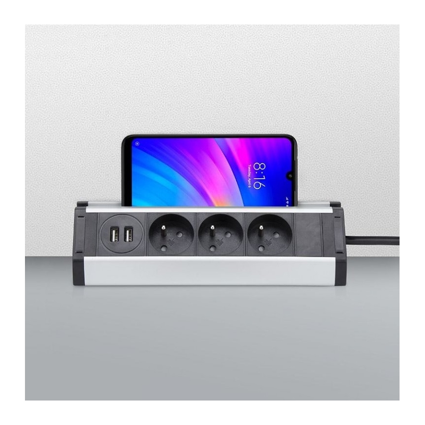 Prodlužovací kabel 3Z + 2xUSB 1,5 m hliník/černá