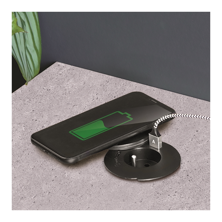 Vestavná zásuvka s bezdrátovým nabíjením 10W 1Z + USB A+C černá