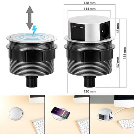 Zásuvkový sloupek pro desku stolu s bezdrátovým nabíjením Qi 3x230V + 1xUSB-A + 1xUSB-C stříbrná/černá