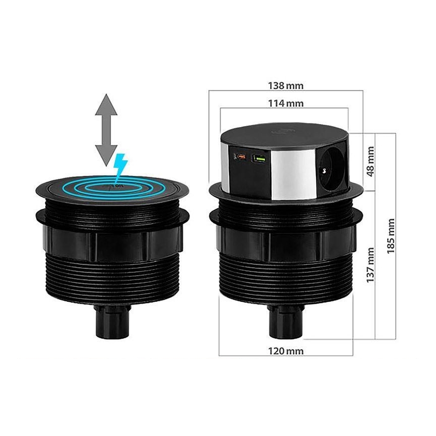Zásuvkový sloupek pro desku stolu 3x230V + 2xUSB + bezdrátové nabíjení