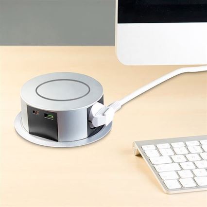 Zásuvkový sloupek pro desku stolu 3x230V + 2xUSB + bezdrátové nabíjení
