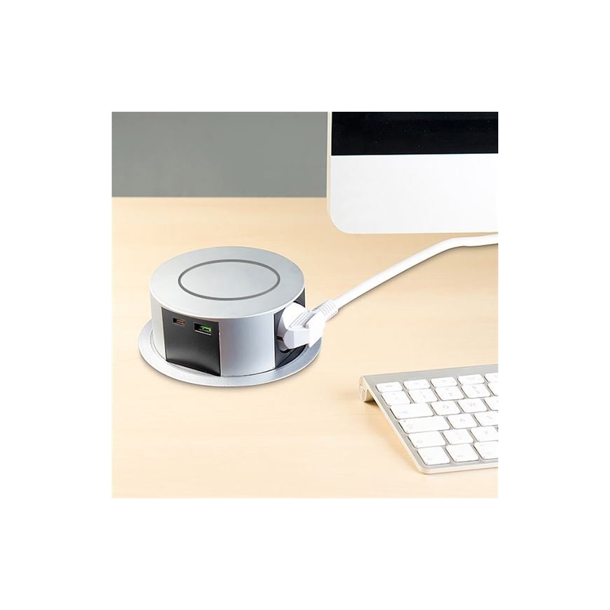 Zásuvkový sloupek pro desku stolu 3x230V + 2xUSB + bezdrátové nabíjení