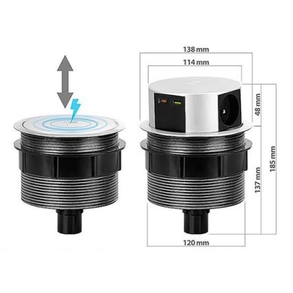 Zásuvkový sloupek pro desku stolu 3x230V + 2xUSB + bezdrátové nabíjení
