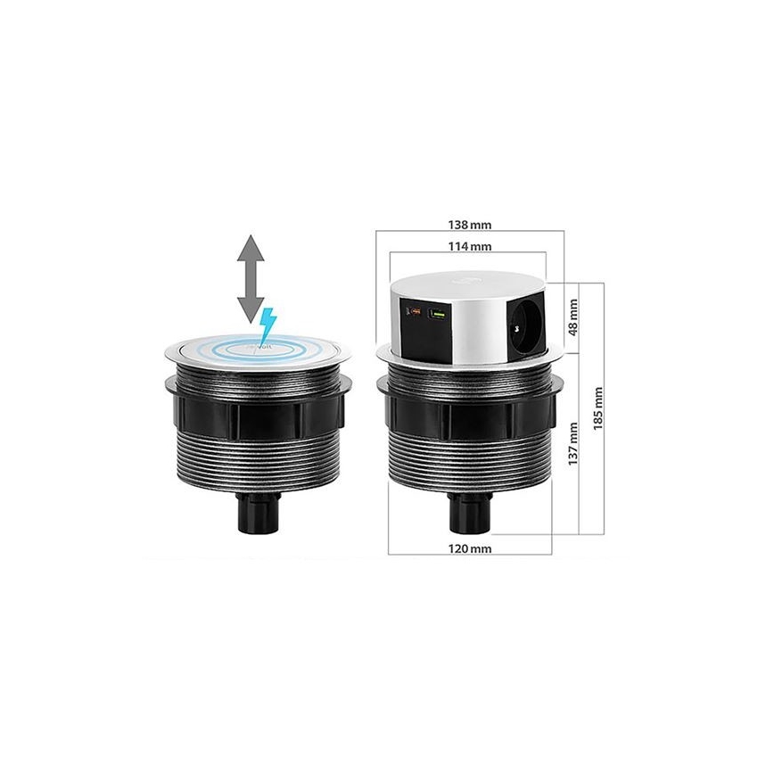 Zásuvkový sloupek pro desku stolu 3x230V + 2xUSB + bezdrátové nabíjení