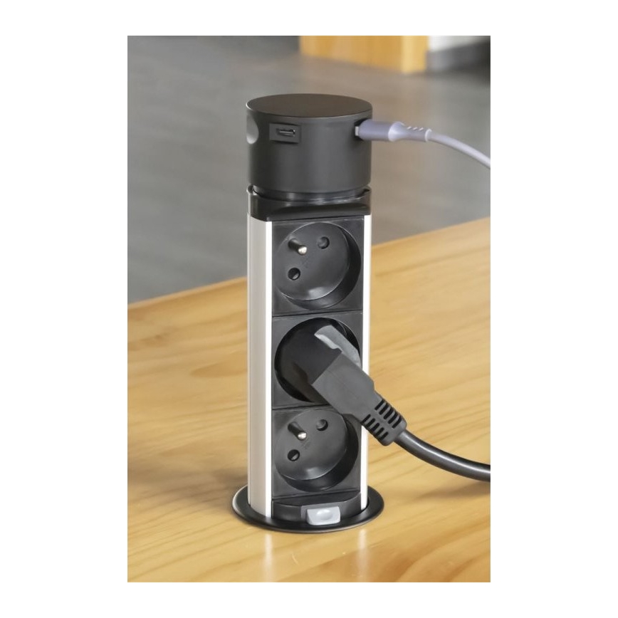 Zásuvkový sloupek pro desku stolu 3x230V + 2xUSB černá