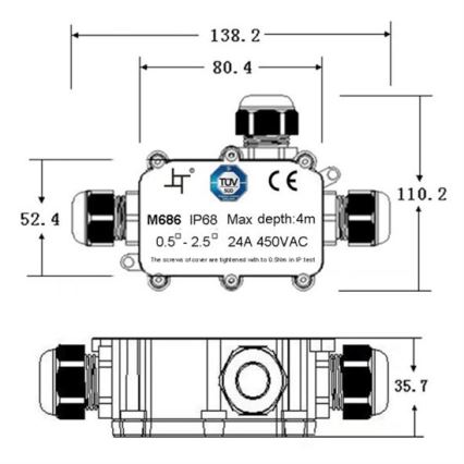 Voděodolná propojovací krabička 24A/450V AC IP68