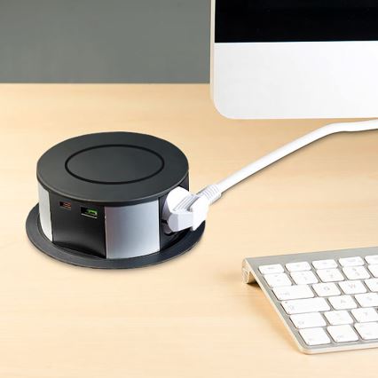 Zásuvkový sloupek pro desku stolu s bezdrátovým nabíjením Qi 3x230V + 1xUSB-A + 1xUSB-C černá/stříbrná