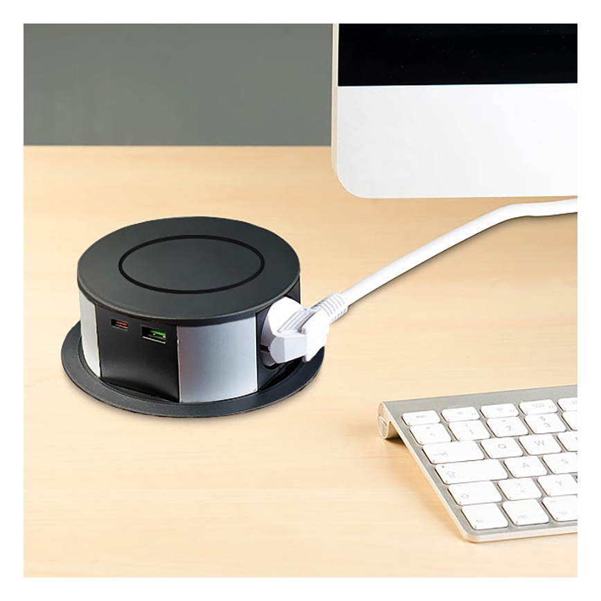 Zásuvkový sloupek pro desku stolu s bezdrátovým nabíjením Qi 3x230V + 1xUSB-A + 1xUSB-C černá/stříbrná