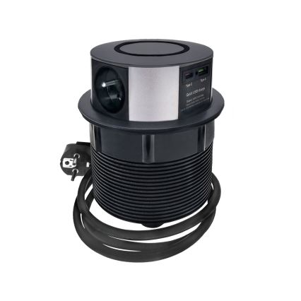Zásuvkový sloupek pro desku stolu s bezdrátovým nabíjením Qi 3x230V + 1xUSB-A + 1xUSB-C černá/stříbrná