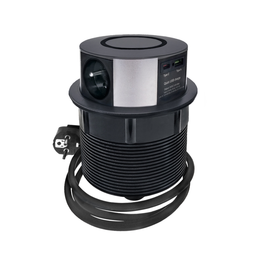 Zásuvkový sloupek pro desku stolu s bezdrátovým nabíjením Qi 3x230V + 1xUSB-A + 1xUSB-C černá/stříbrná