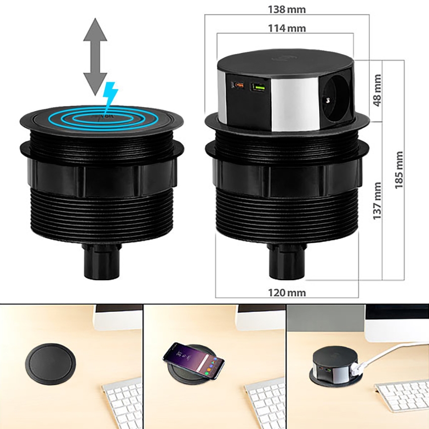 Zásuvkový sloupek pro desku stolu s bezdrátovým nabíjením Qi 3x230V + 1xUSB-A + 1xUSB-C černá/stříbrná