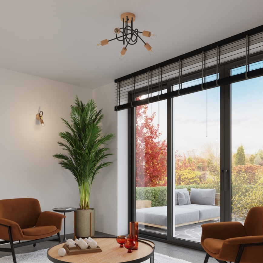 Přisazený lustr EMBER 5xE27/15W/230V černá/béžová/buk