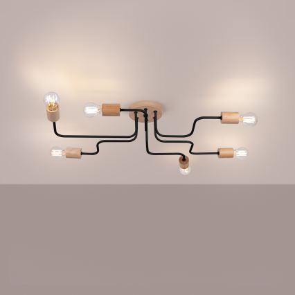 Přisazený lustr TIMBO 6xE27/15W/230V černá/béžová/buk