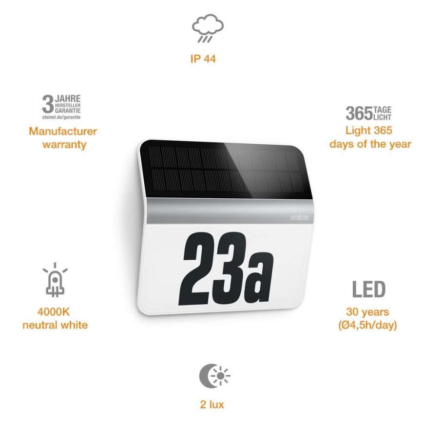 STEINEL 007140 - LED Solární domovní číslo XSolar LH-N LED/0,03W nerez IP44 2500 mAh