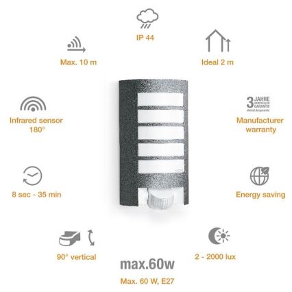 STEINEL 657819 - Venkovní svítidlo se senzorem L12 1xE27/60W/230V IP44