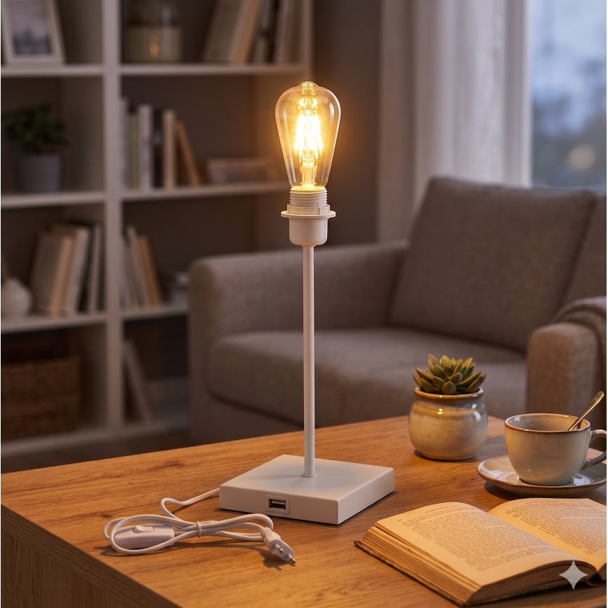Stolní lampa s USB portem 1xE27/15W/230V bílá