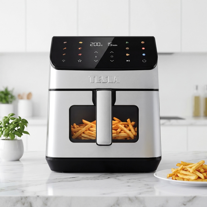 TESLA Electronics AirCook - Horkovzdušná fritéza 6,5 l 2100W/230V matný chrom/černá