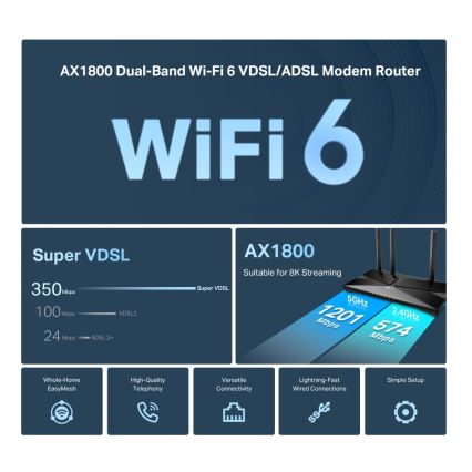 TP-Link - Dvoupásmový modemový router VDSL/ADSL s Wi-Fi 6 Archer VX1800V