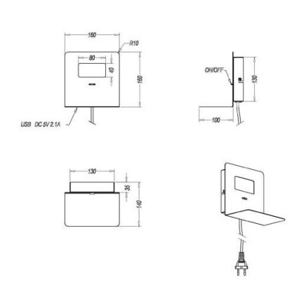 Trio - LED Nástěnné svítidlo s poličkou ALOFT LED/3W/230V + USB port