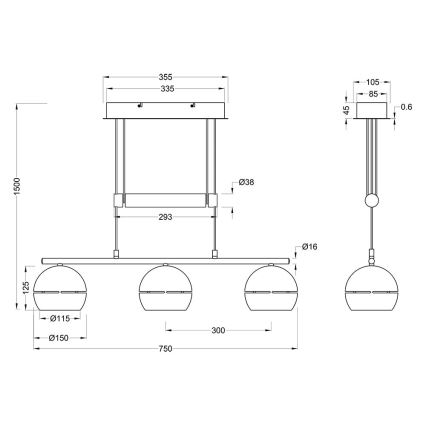 Trio - Lustr na lanku FLETCHER 3xE14/40W/230V mosaz
