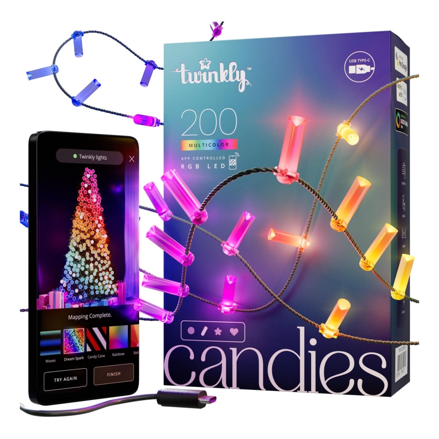 Twinkly - LED RGB Stmívatelný vánoční řetěz CANDIES 200xLED 14 m USB Wi-Fi