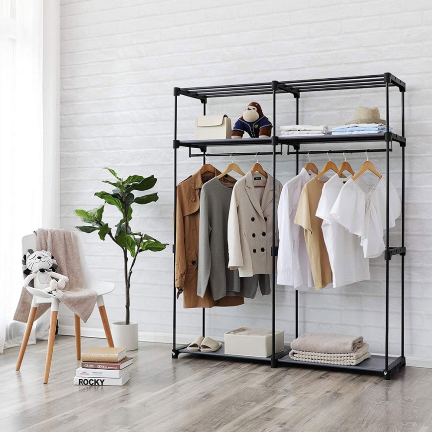 Úložná látková skříň s policemi a šatní tyčí MATIS 140x174 cm šedá