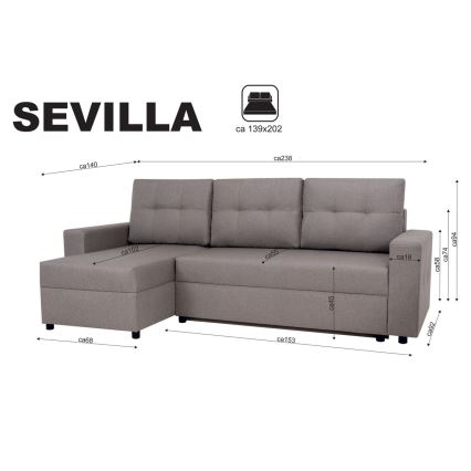 Univerzální rohová sedací souprava s funkcí spaní a úložným prostorem SEVILLA šedá