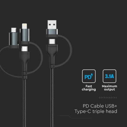 USB kabel USB-A/ USB Lightning  / MicroUSB / USB-C Power Delivery 60W 1,2m černá