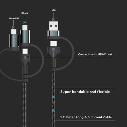 USB kabel USB-A/ USB Lightning  / MicroUSB / USB-C Power Delivery 60W 1,2m černá