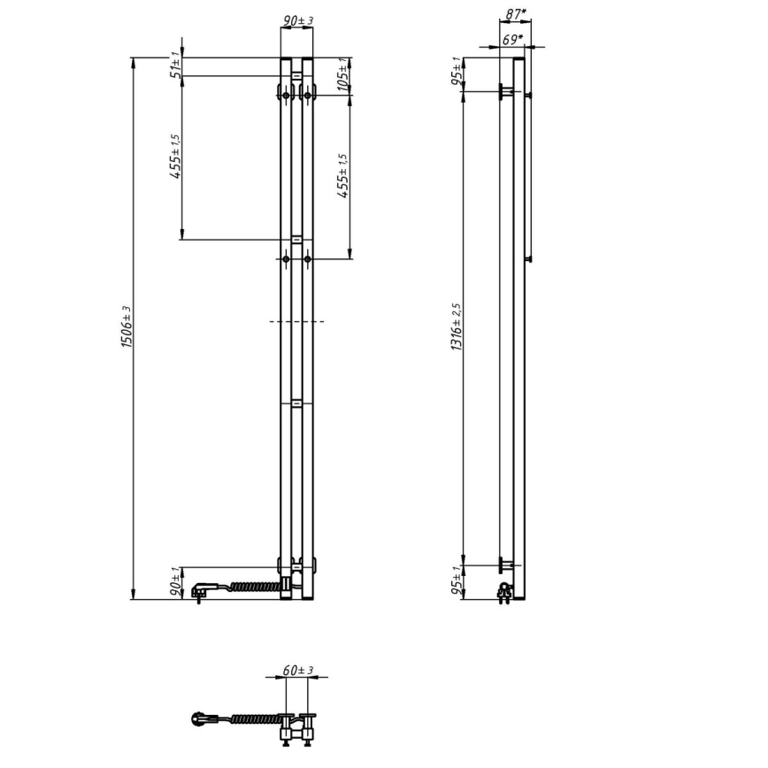 Vertaduro - Elektrický sušák na ručníky s termostatem VEO 106W/230V 150x9 cm IP44 černá pravá